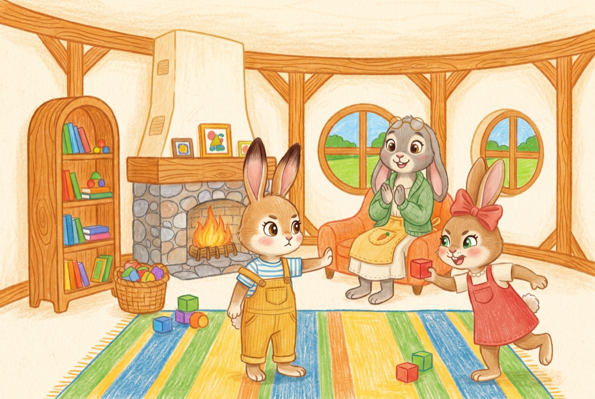 Pip holds out a paw in a firm stop while his sister Hana plays the grabby kid and Mama cheers from the couch