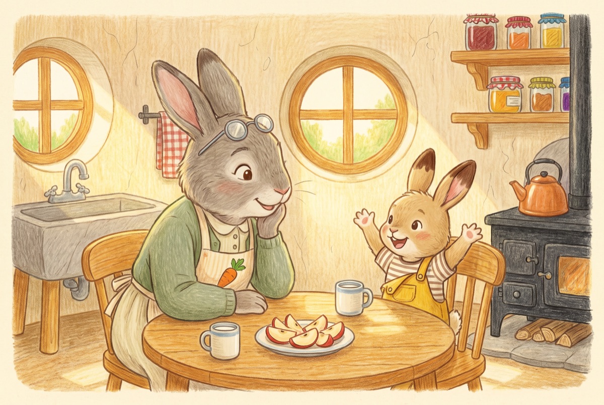 Pip tells Mama Mimi about his day over apple slices at the kitchen table while she leans in to listen
