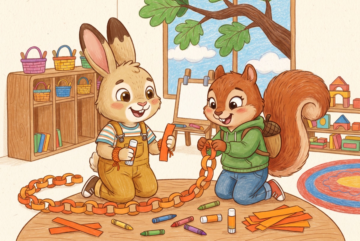 Pip and his friend Kiki make an orange paper chain, both wearing orange yarn wristbands