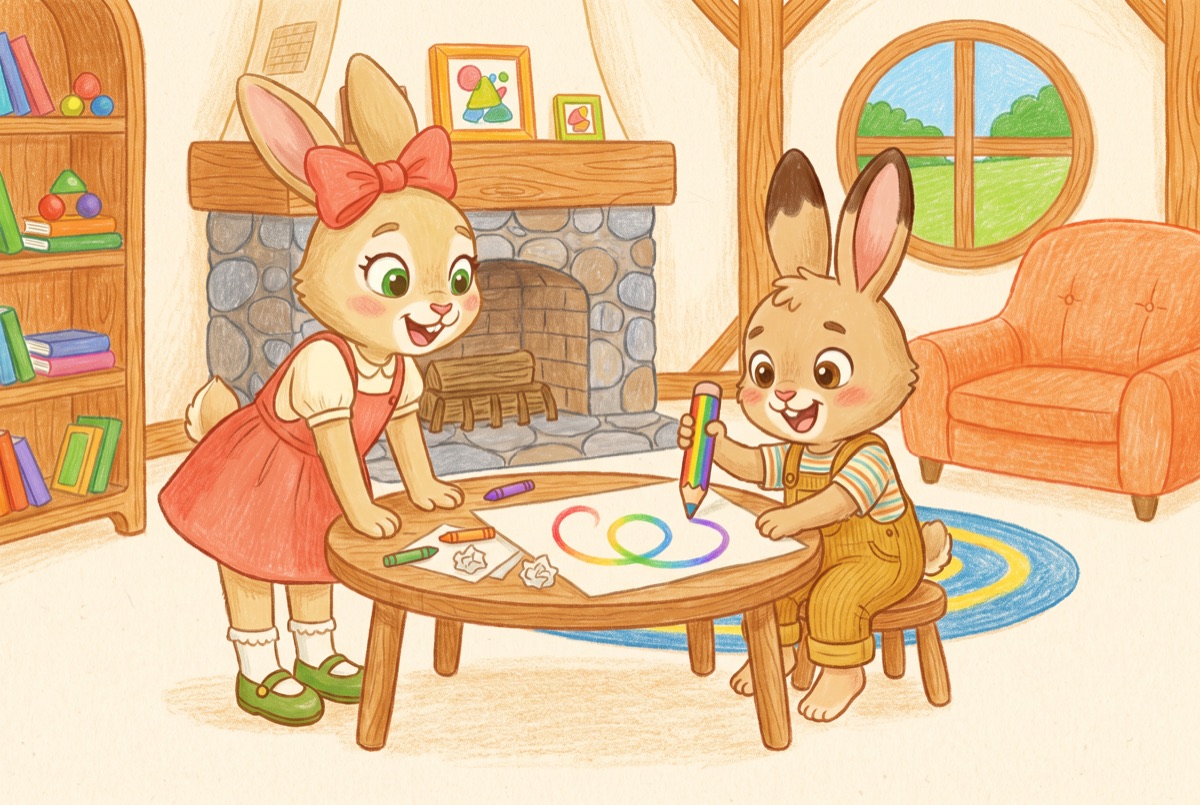 Pip draws a looping swirl that shifts through every color of the rainbow while his sister Hana leans in, delighted