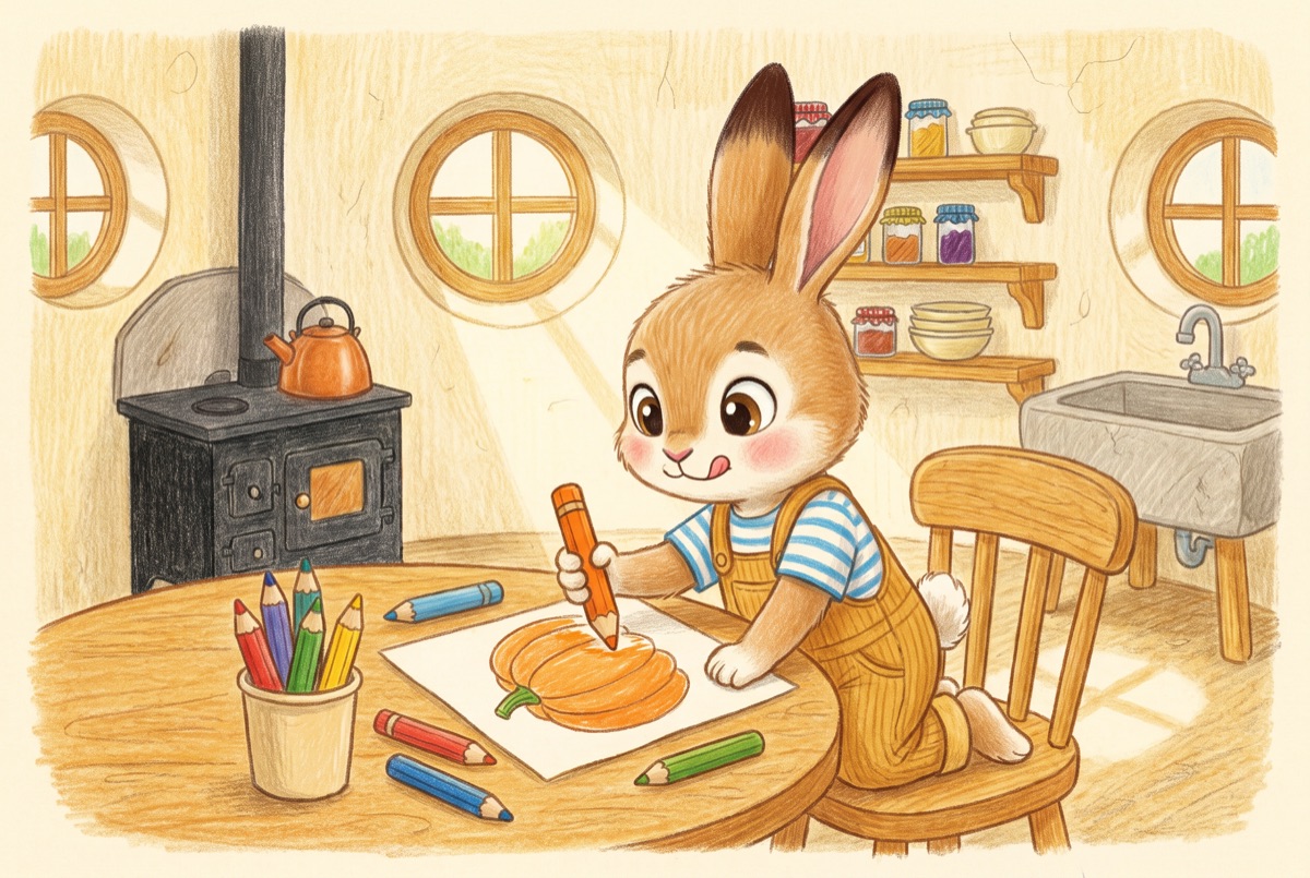 Pip kneels on a kitchen chair coloring a pumpkin with a thick orange pencil, a cup of colored pencils beside him