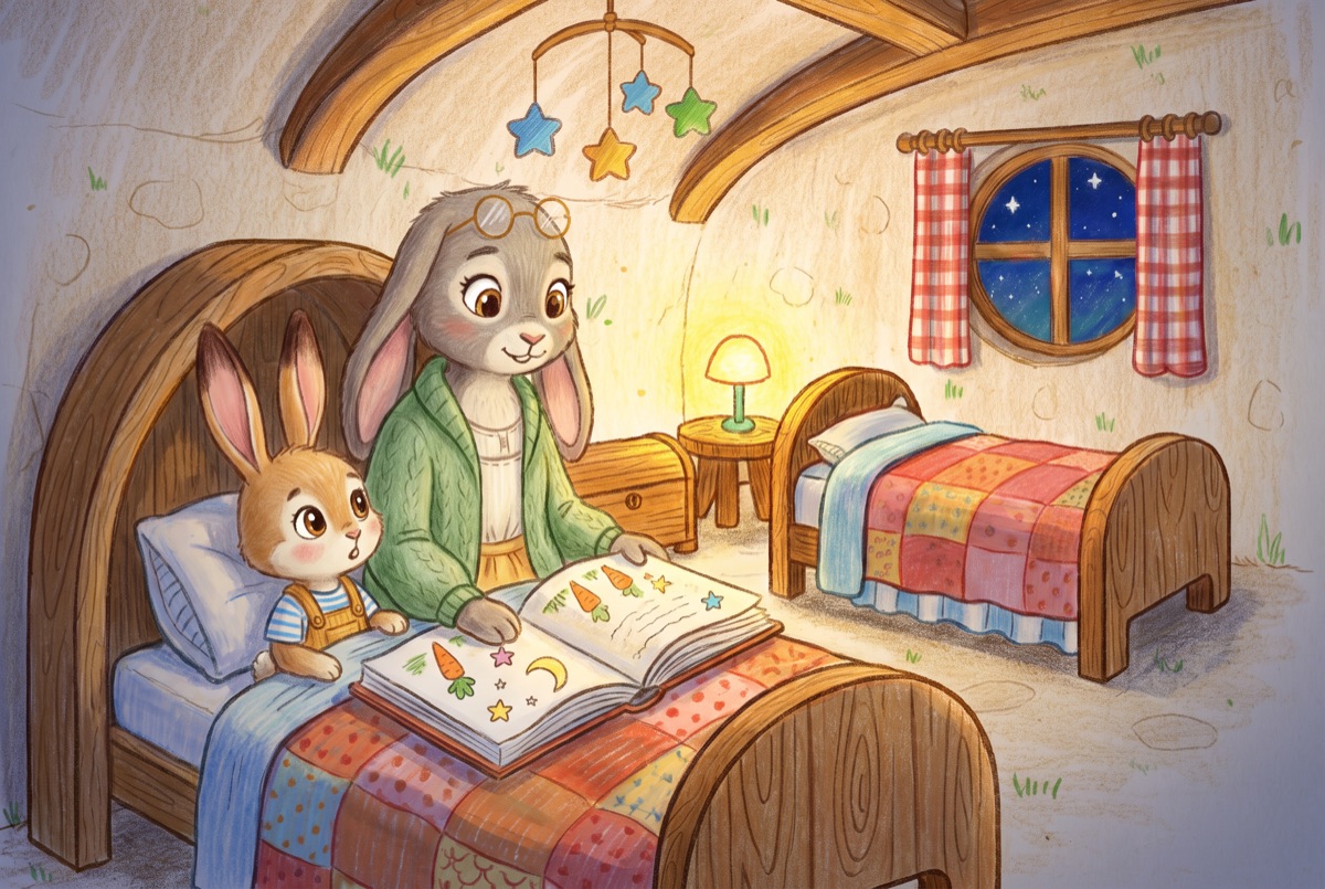 Mama Mimi reads a picture book to Pip at bedtime under a patchwork quilt