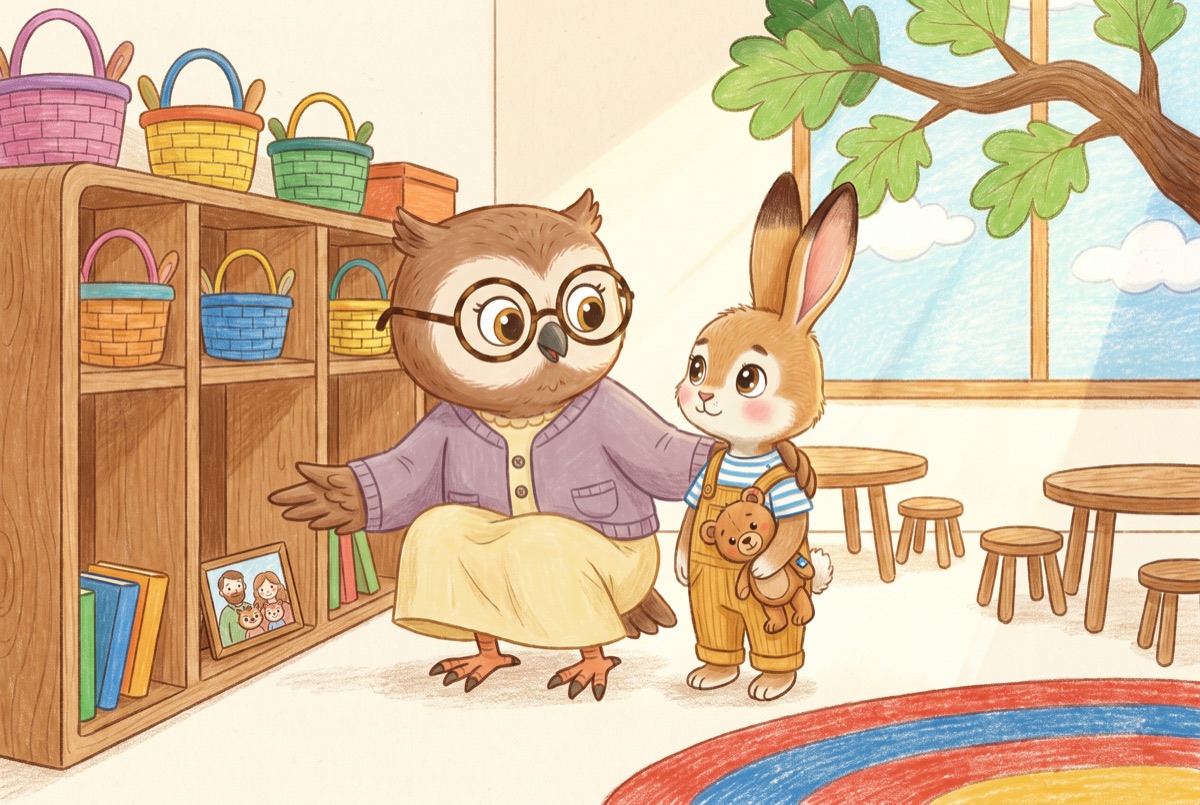 Miss Hoot kneels beside Pip, who holds his teddy, and shows him the family photo tucked in his cubby