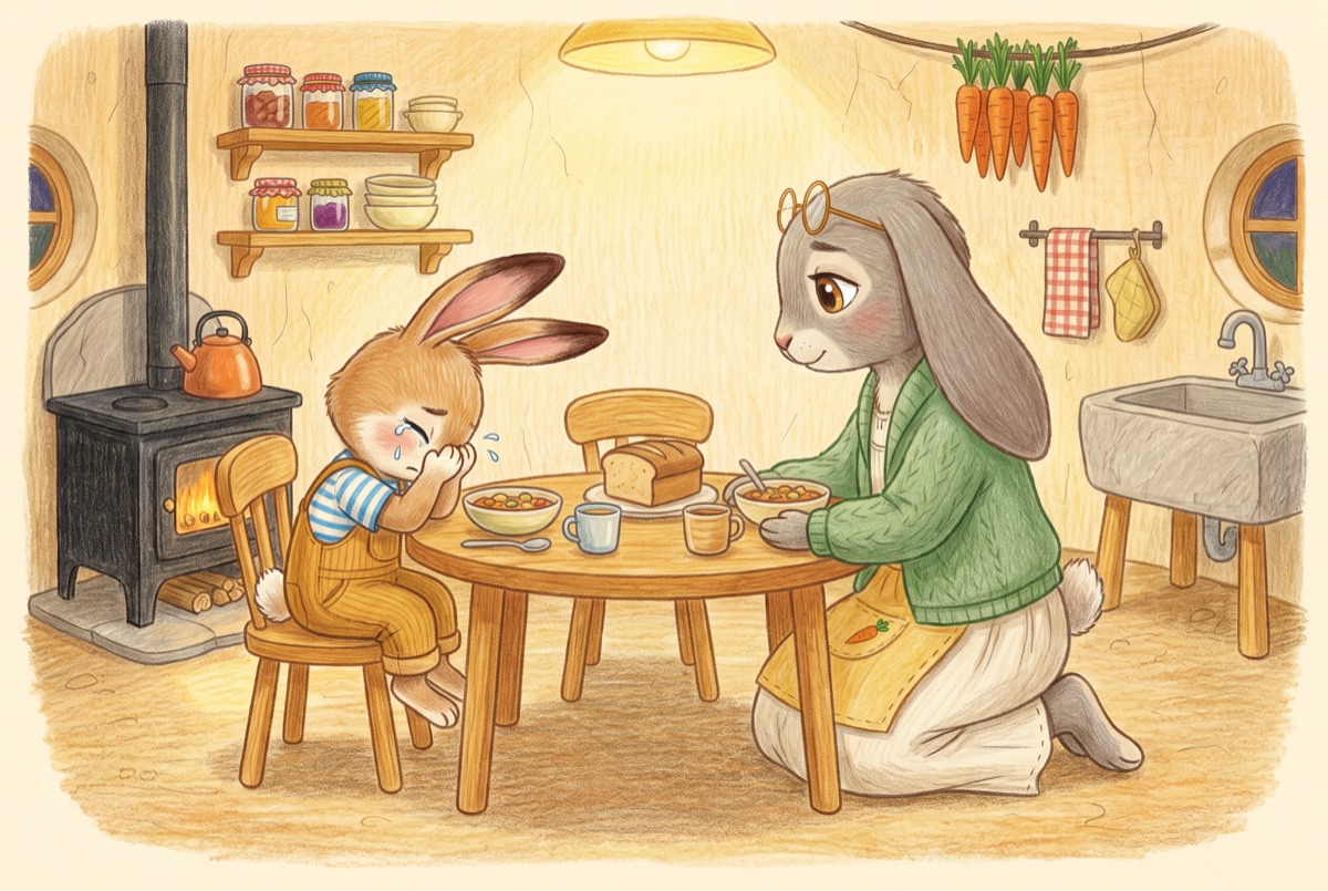 A tired Pip cries at the dinner table while Mama Mimi kneels beside him in a calm hug