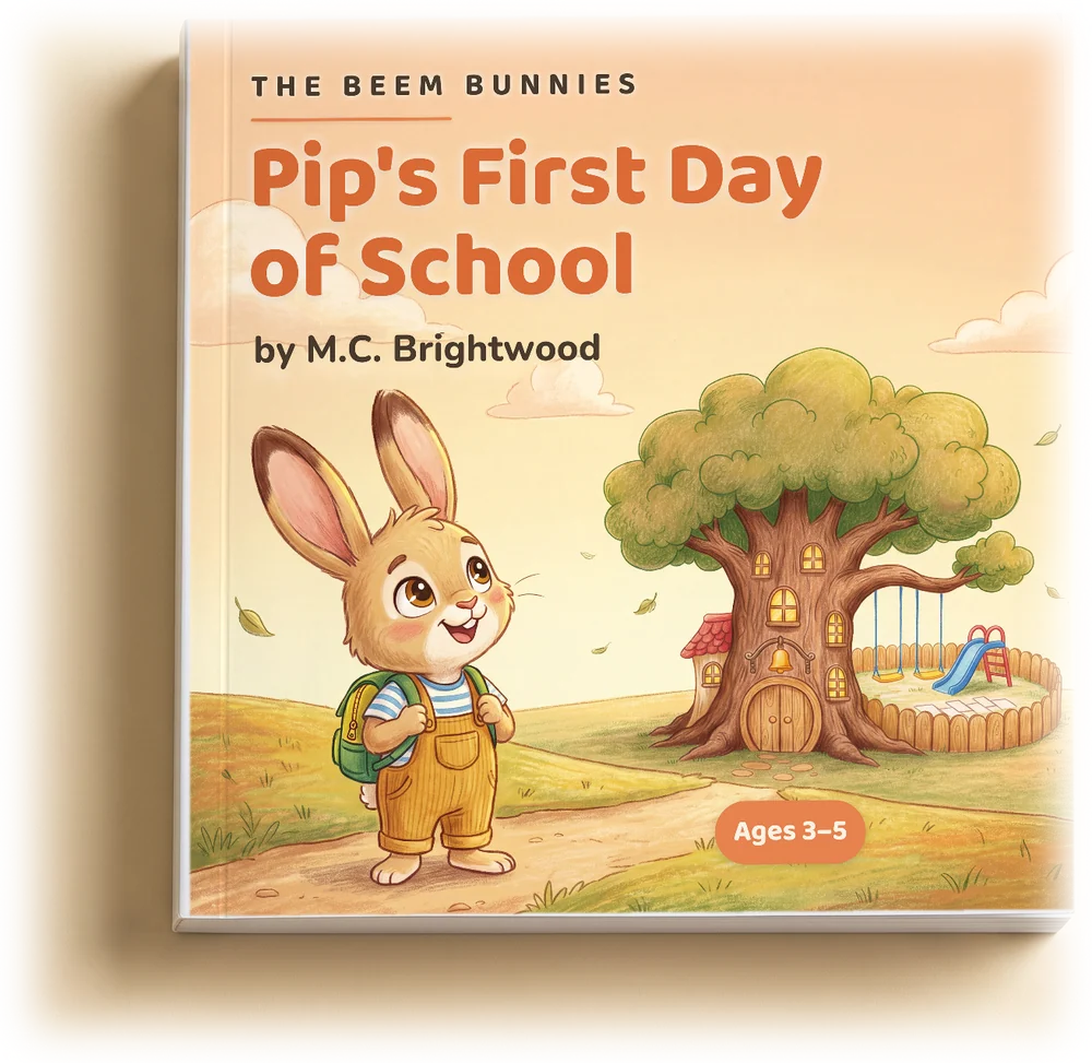 Pip's First Day of School, a square paperback picture book showing Pip the bunny with his backpack outside a treehouse school