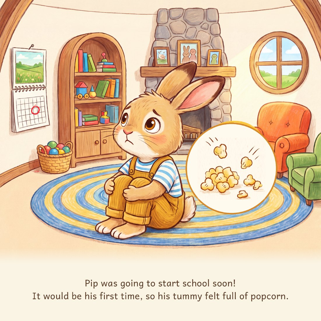 Pip sits on the burrow rug, tummy full of popcorn, with school starting soon