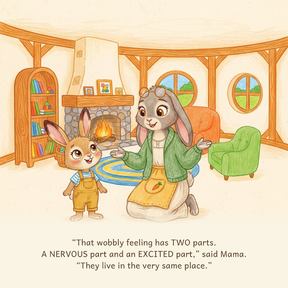 Mama explains the wobbly feeling has two parts, a nervous part and an excited part