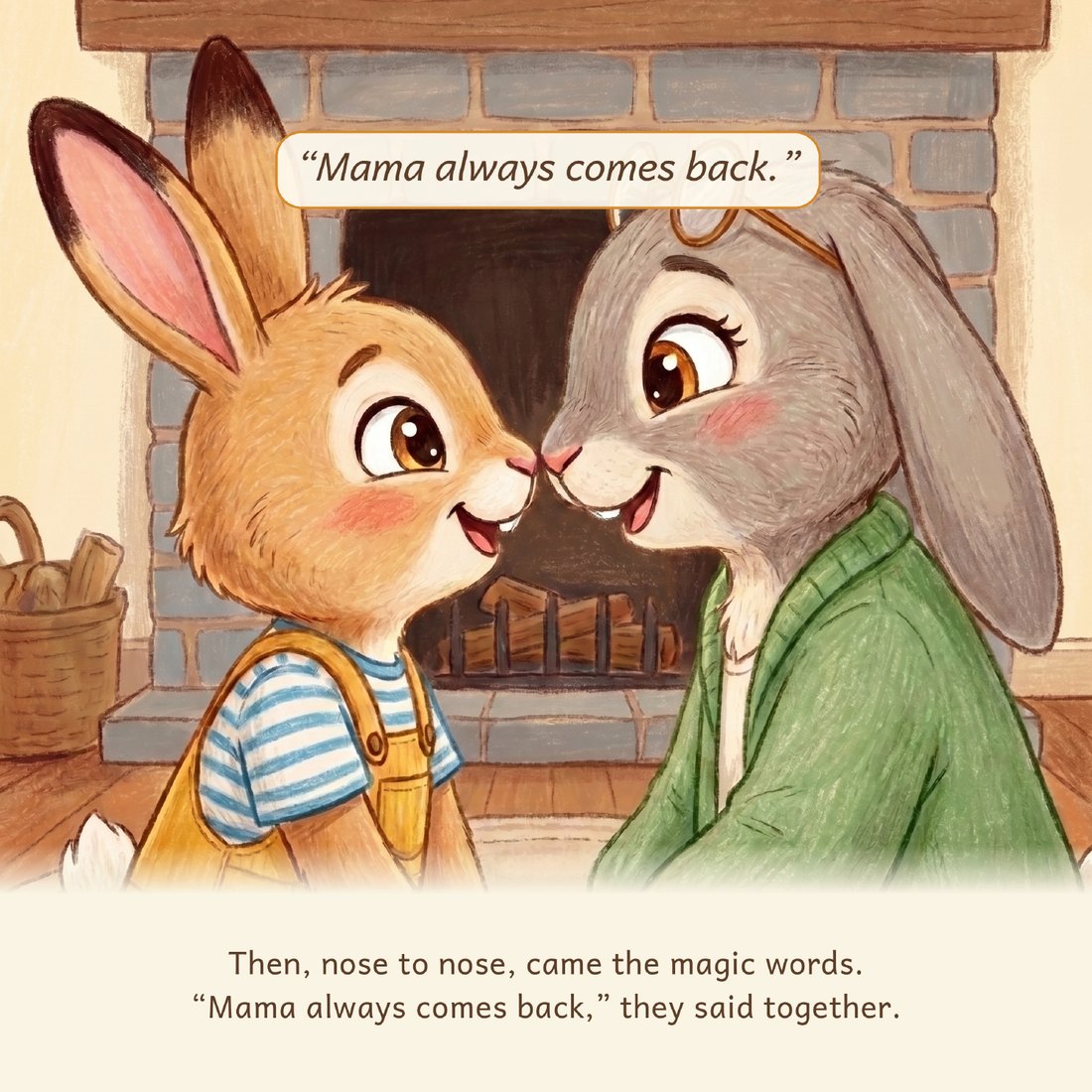 Pip and Mama practice the special goodbye all week: forehead boop, magic words, wiggly wave