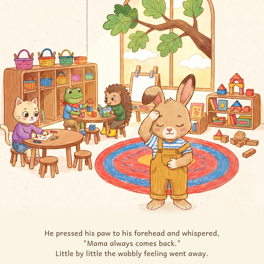 Pip in the classroom, pressing a paw to his forehead and whispering the magic words: Mama always comes back