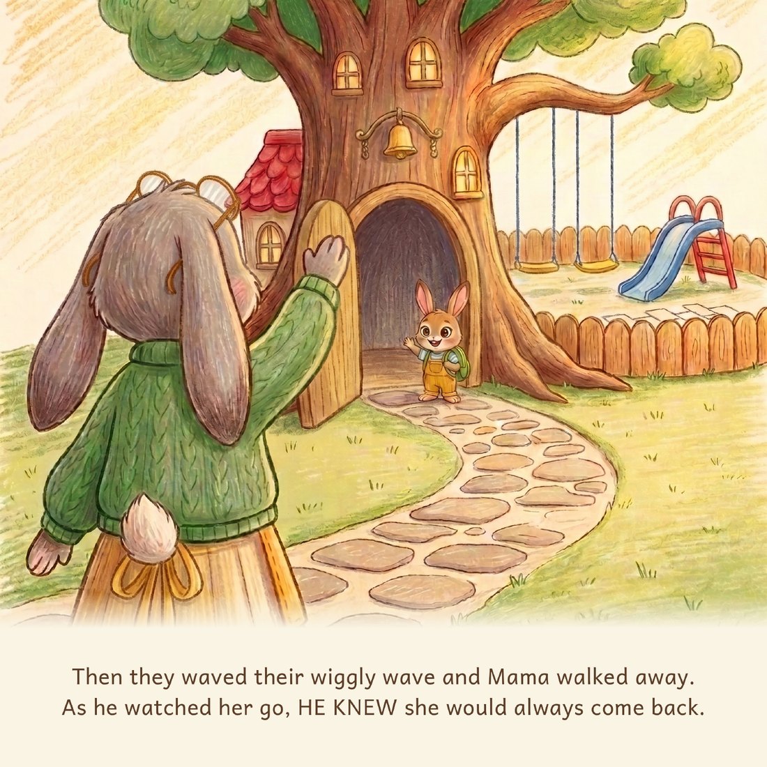 Mama Mimi waves goodbye while Pip watches her go from the school doorway
