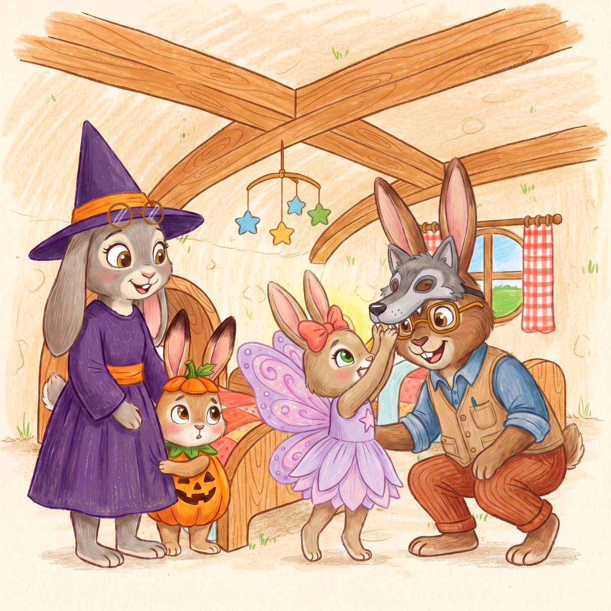 Hana lifts Papa's wolf mask to show Pip, dressed as a pumpkin, that it is still Papa underneath