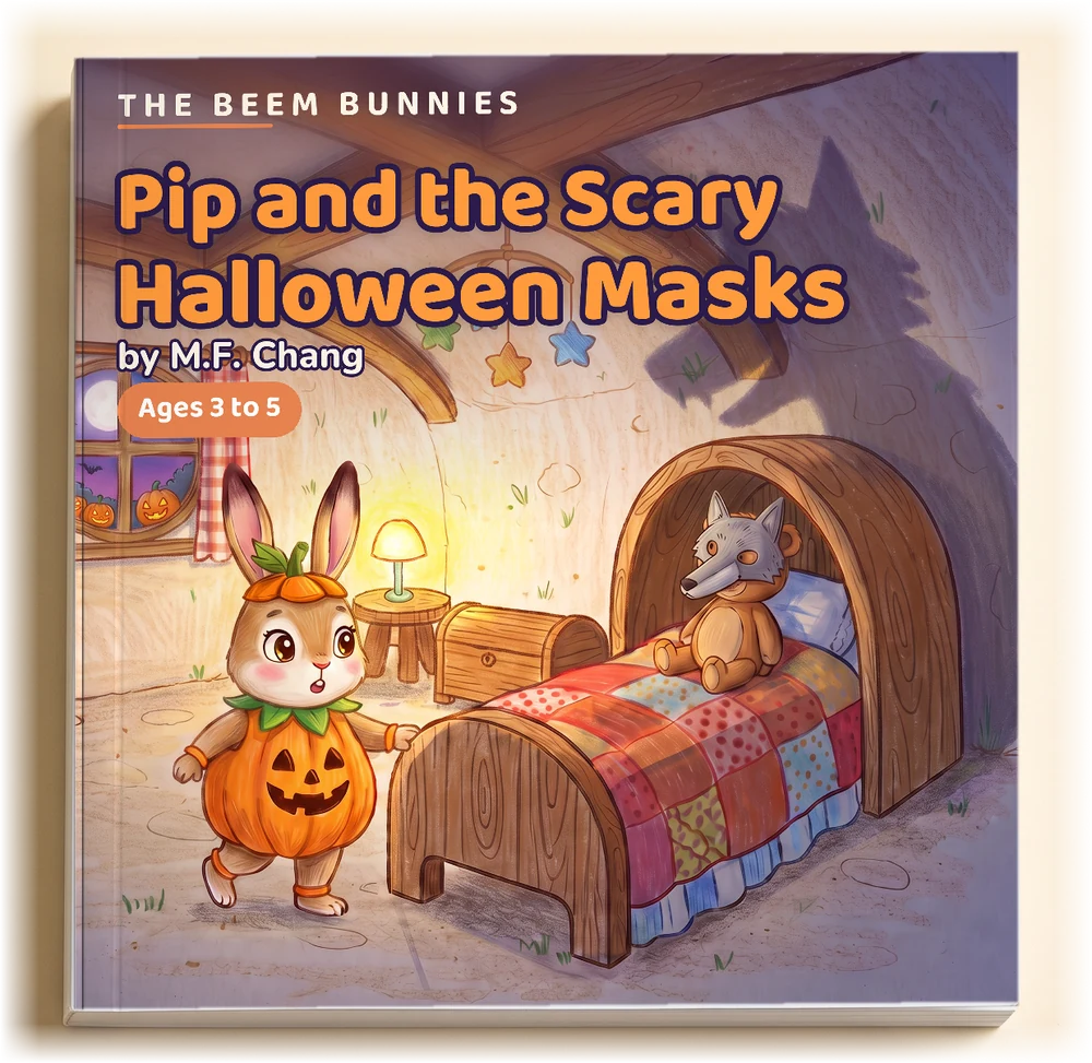 Pip and the Scary Halloween Masks, a square paperback picture book showing Pip in his pumpkin costume in his bedroom, Teddy wearing a little wolf mask on the bed and a wolf shadow on the wall