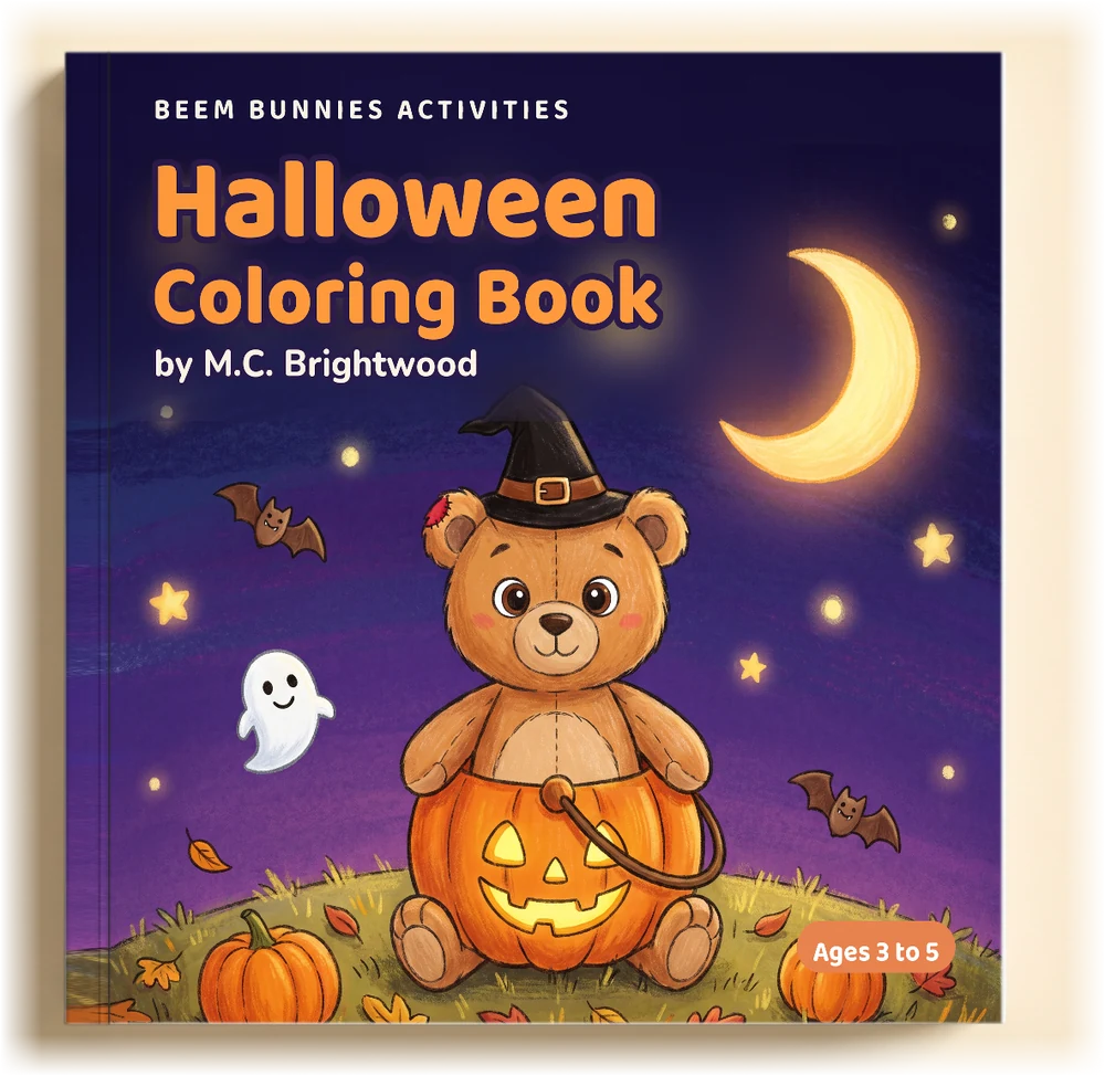 The Beem Bunnies Activities: A Halloween Coloring Book, a square paperback with Teddy the bear in a witch hat sitting in a jack-o-lantern under the moon