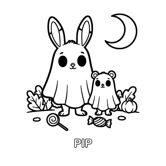 Coloring page: Pip and Teddy under bedsheet ghost costumes with candy on the ground