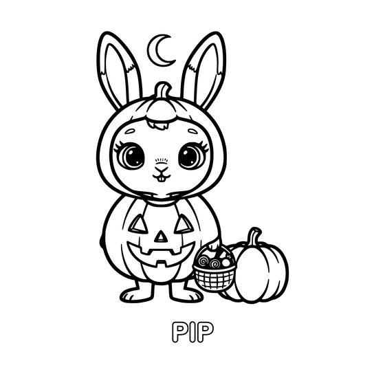 Coloring page: Pip in a jack-o-lantern costume with a candy basket