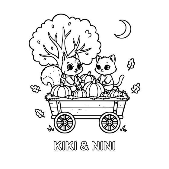 Coloring page: Kiki and Nini riding a wagon full of pumpkins under an autumn tree