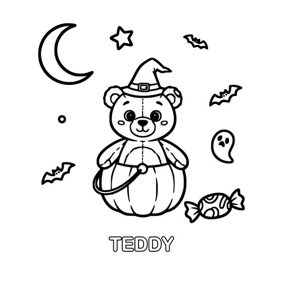 Coloring page: Teddy the bear in a pumpkin costume and witch hat with bats and candy