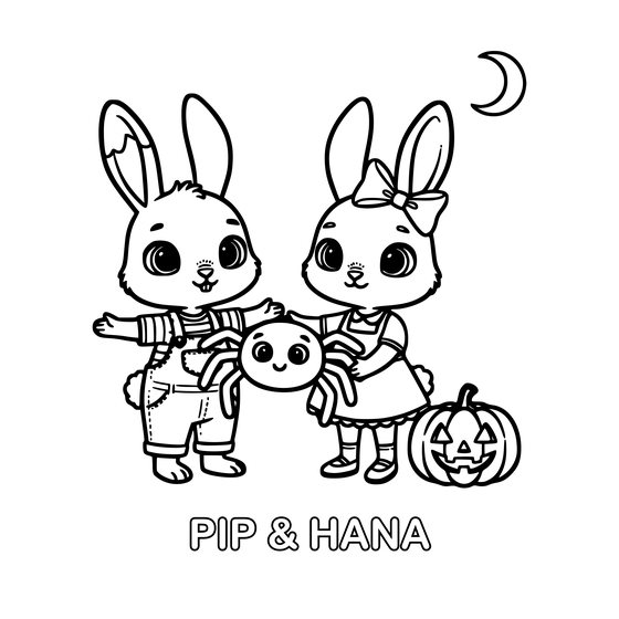 Coloring page: the bunny family out trick or treating with baskets and a pumpkin