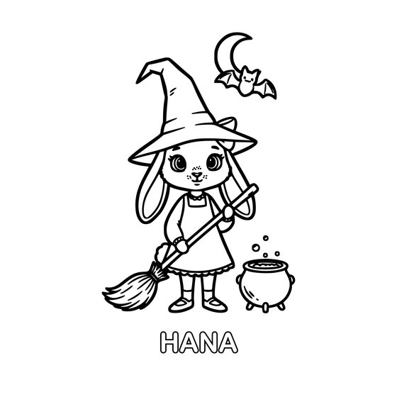 Coloring page: Hana in a witch hat with a broom and a bubbling cauldron