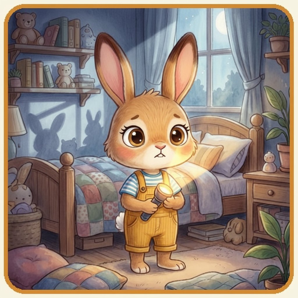 Pip stands in a dark bedroom holding Teddy