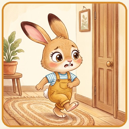 Pip hops by the bathroom door, needing the potty