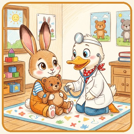 Pip and Teddy at a checkup with a gentle duck doctor