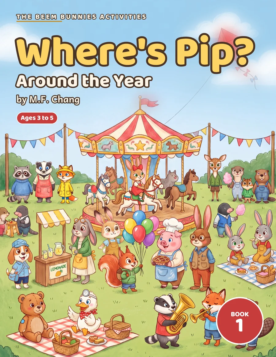 Where's Pip? Around the Year, a seek-and-find book cover showing a busy summer fair with a carousel, balloons and a crowd of dressed-up animals