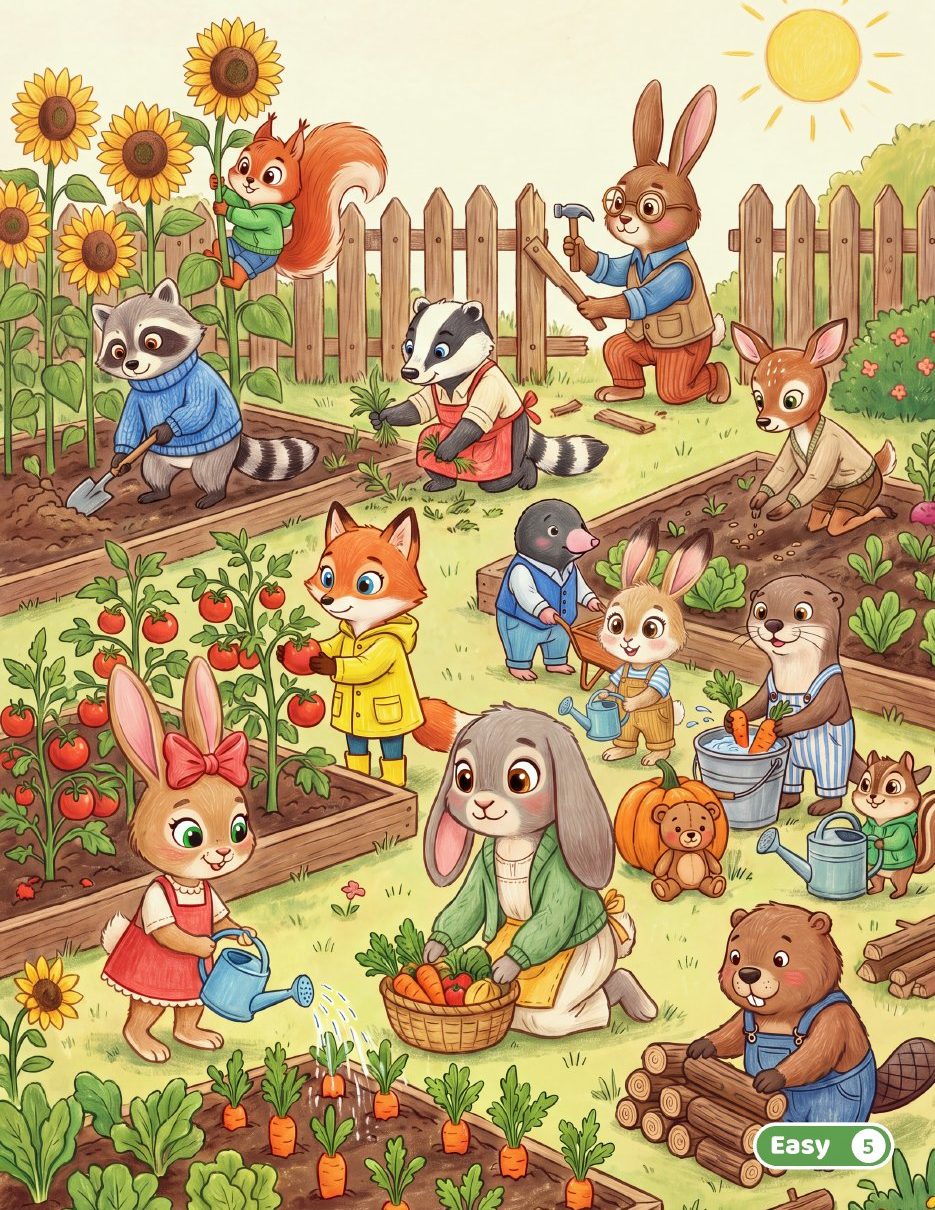 Easy scene: animals working in a sunny vegetable garden