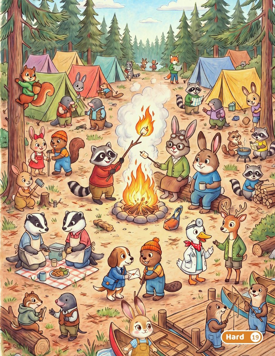 Hard scene: a forest campsite with tents, a campfire and canoes at the dock