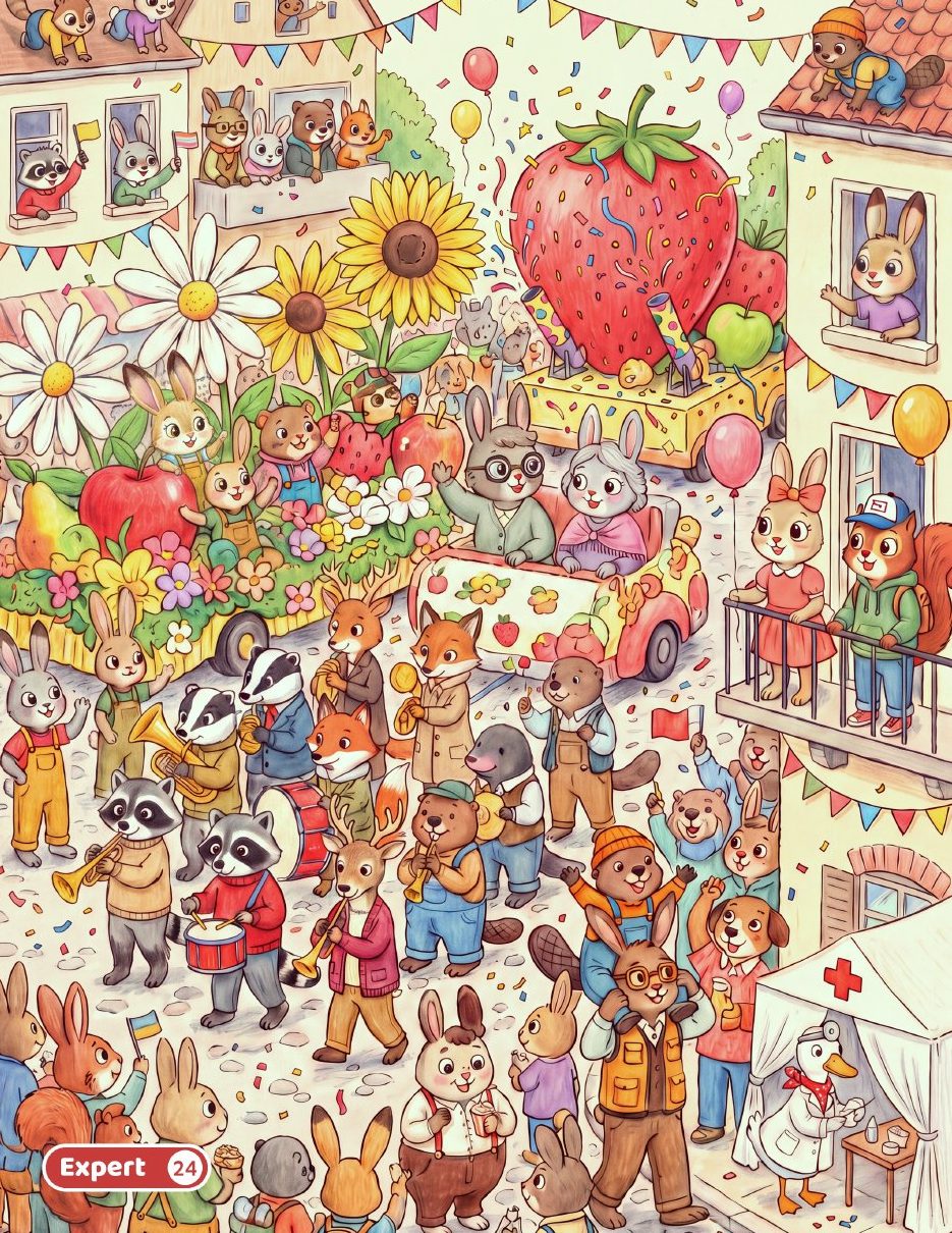Expert scene: a packed fruit and flower parade through town