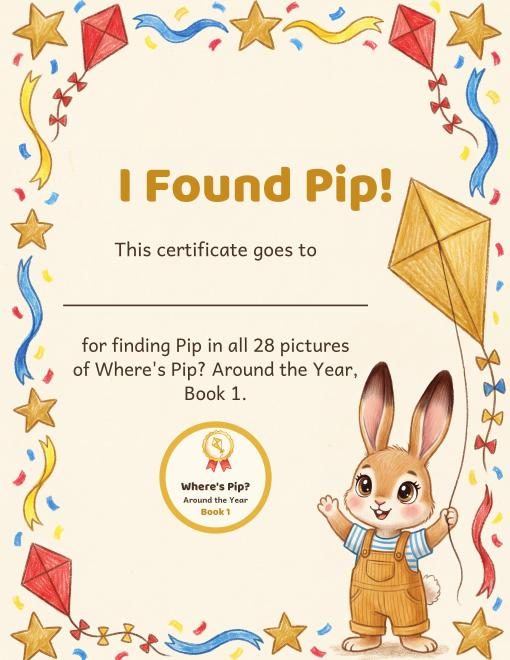 I Found Pip! certificate with a space for your child's name, Pip holding a kite and the Book 1 badge